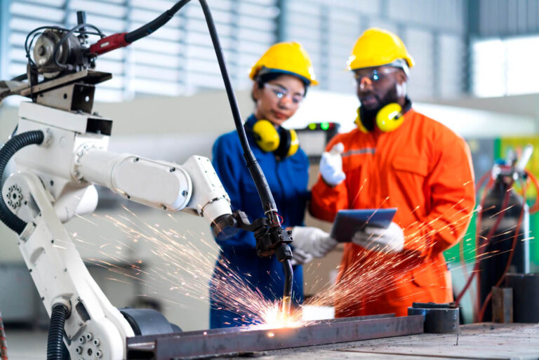 Who We Serve 6 Technicians working alongside a welding robot on a factory floor
