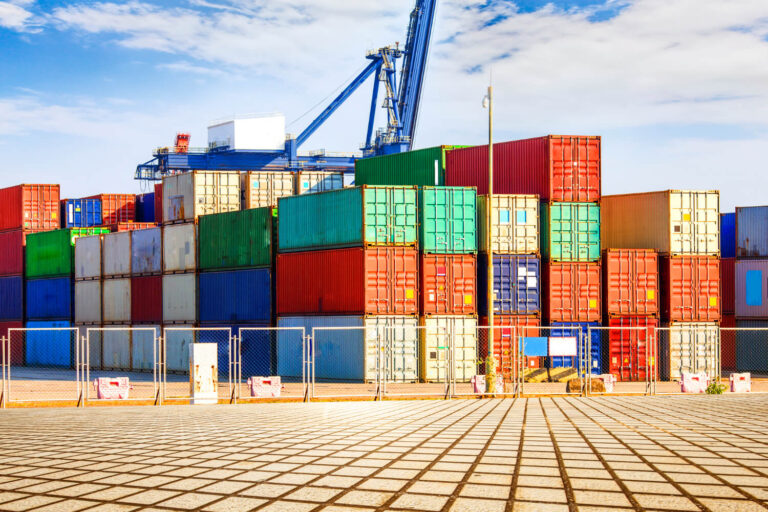 Stacked shipping containers at a freight terminal