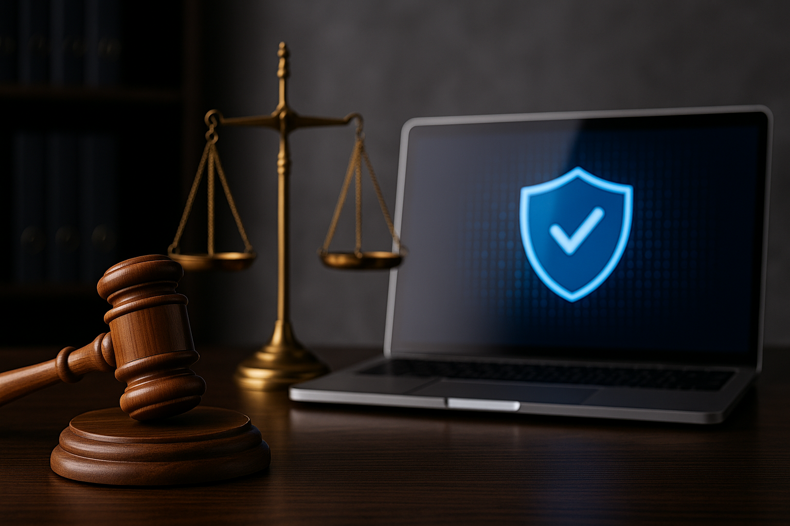 Texas managed compliance with a visual of a laptop with security and a gavel and balance scales.