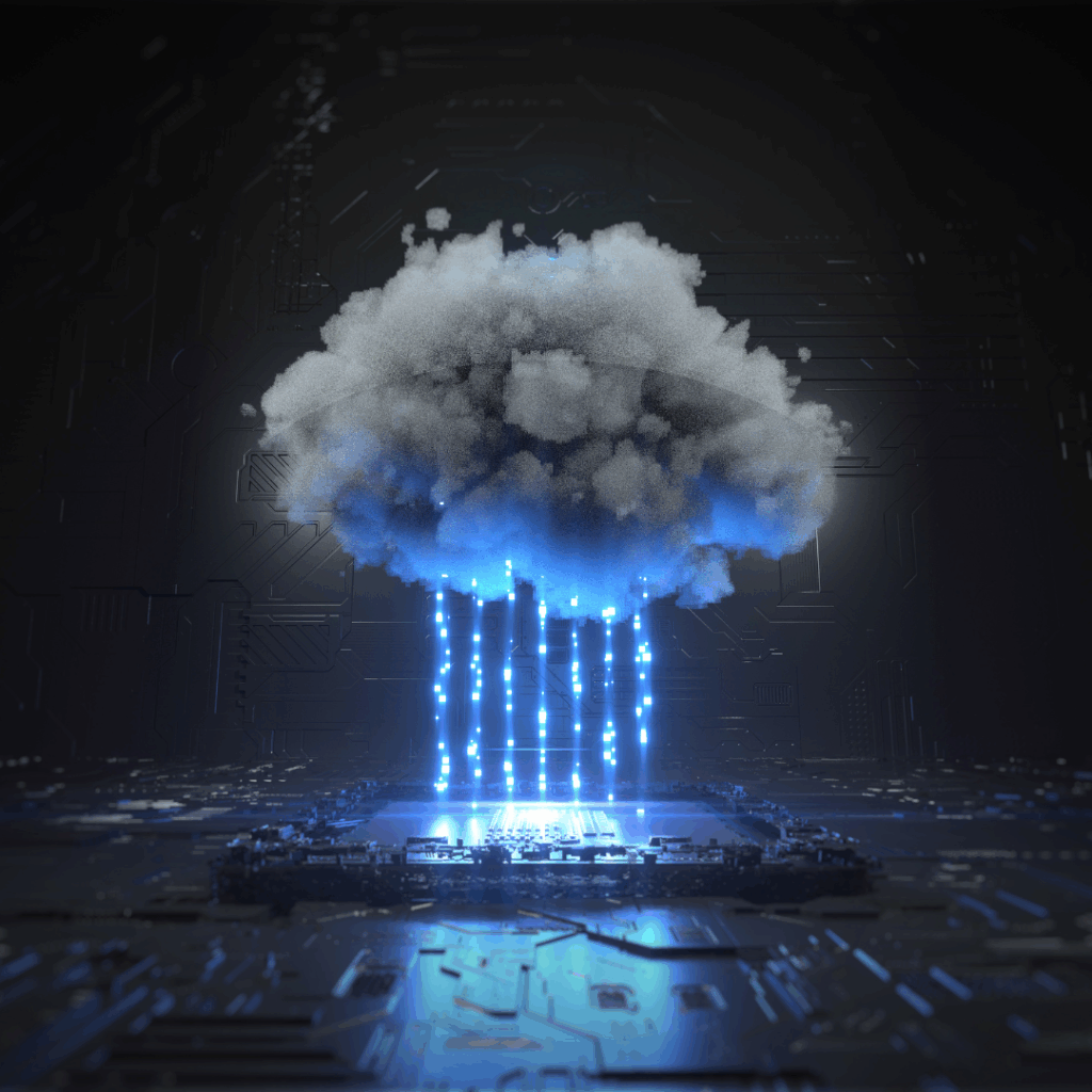 A storm cloud hovering over technology demonstrating a cloud data recovery plan.
