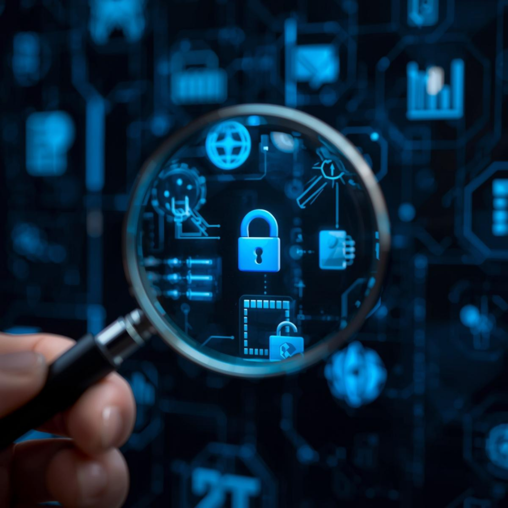 IT Business Process Outsourcing vs In-House IT: A Practical Guide for Growing Businesses 3 Magnifying glass on digital icons: Representing careful assessment and choosing the right IT approach.