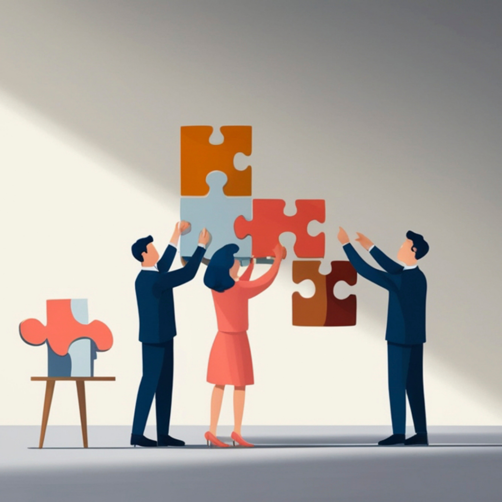 IT Business Process Outsourcing vs In-House IT: A Practical Guide for Growing Businesses 2 Cartoonish graphic of a team of people connecting puzzle pieces: Symbolizing collaboration a co-managed IT team provides.