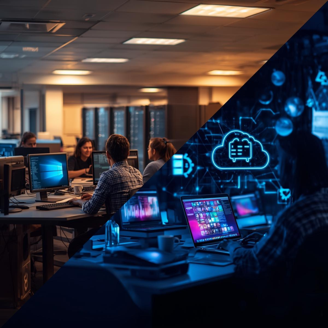 In House vs. Managed IT Split screen image of IT teams with one showing an in-house IT team working in an office, the other side showing a remote team or outsourced IT professionals on screens.