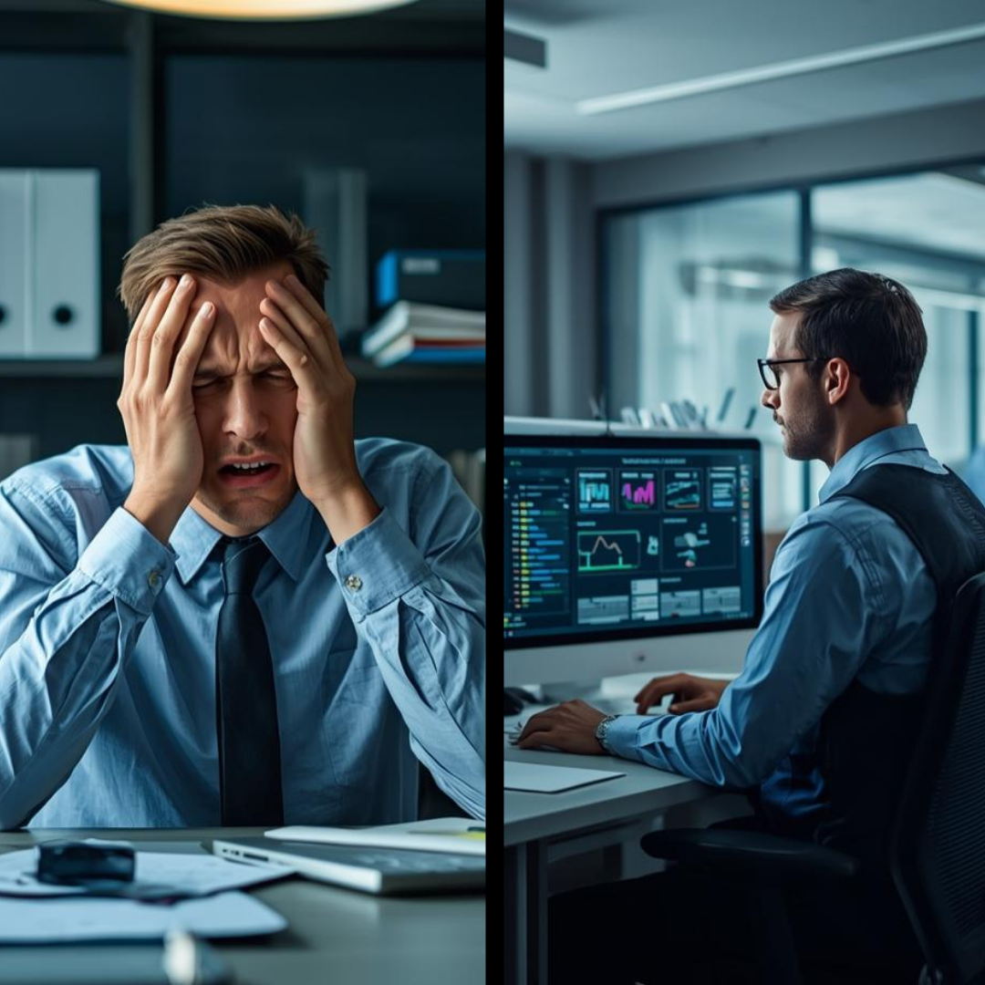 Reactive vs. Proactive IT Split image of a frustrated employee over a computer, and a calm employee working on their computer, showcasing the difference between reactive and proactive IT support.