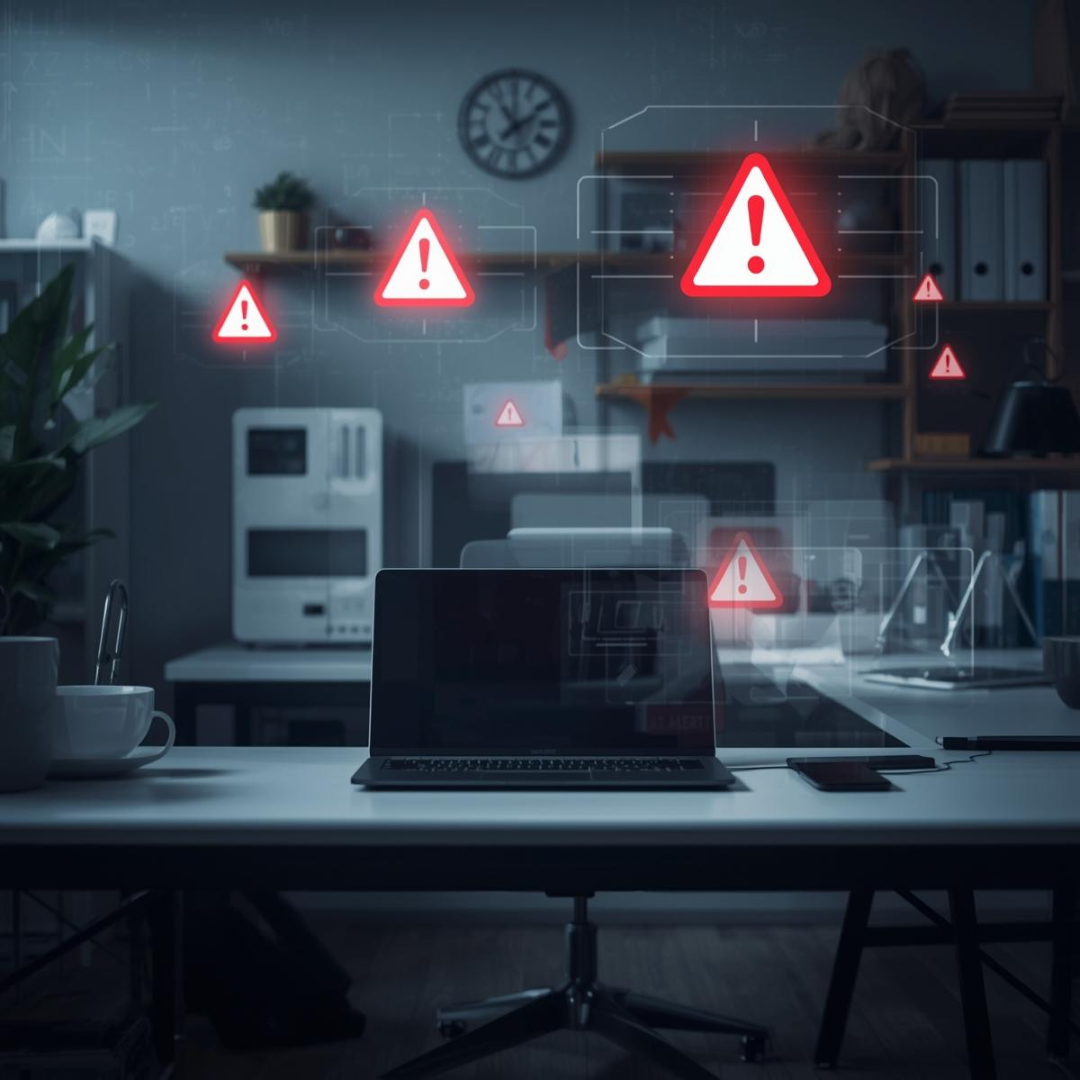 Laptop with caution icons around it it signaling cybersecurity risk for small businesses.