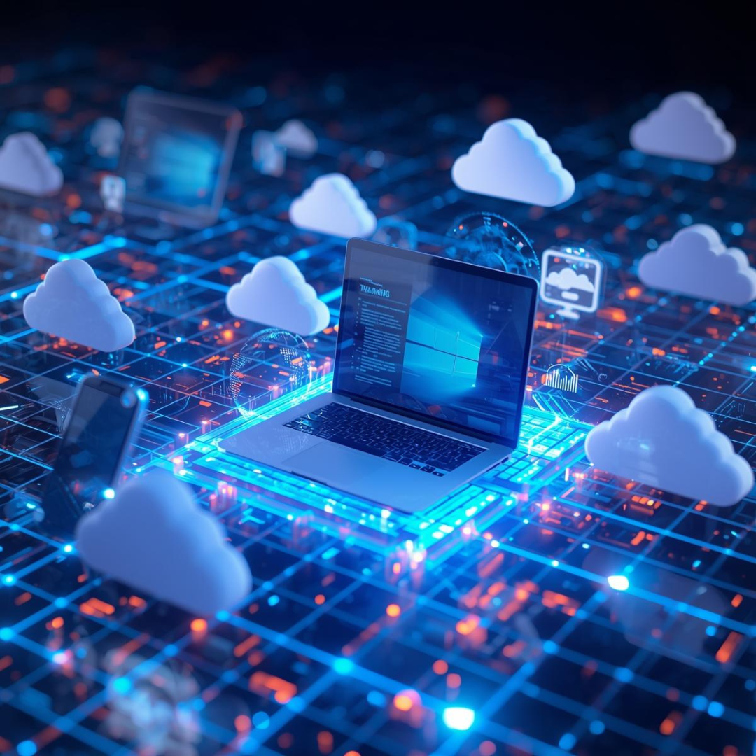 Remote Device Management Graphic Laptops, tablets, and phones floating on a digital grid or cloud background, with icons representing monitoring or tracking.