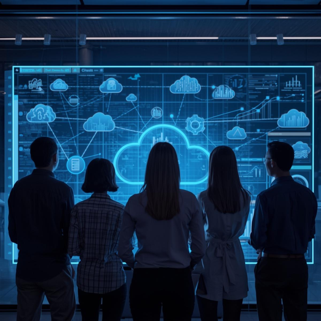 Team looking at a digital dashboard with cloud icons / data flow overlays, confronting what they get wrong before a cloud migration.