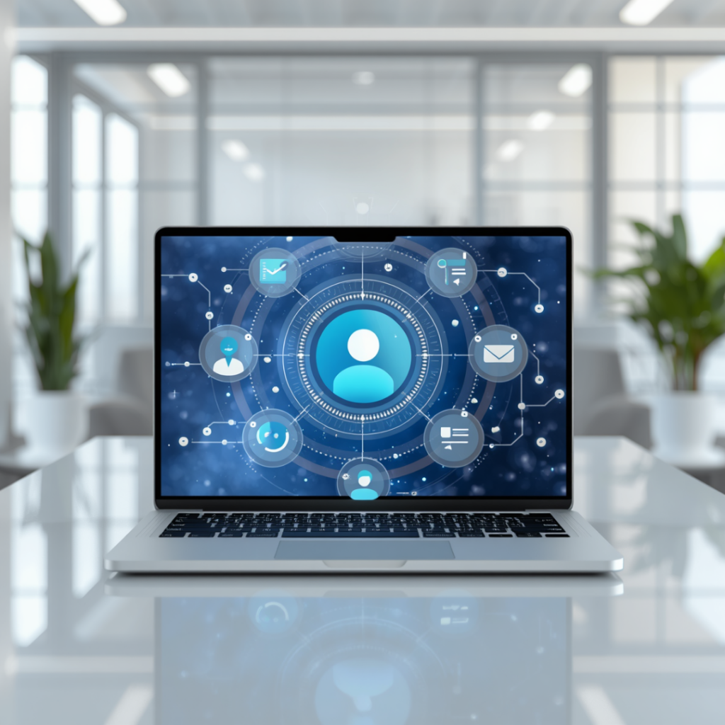 What Small Businesses Should Know Before Choosing a VoIP System 1 Laptop screen with transcription/chat overlay representing AI as a VoIP solution tool.