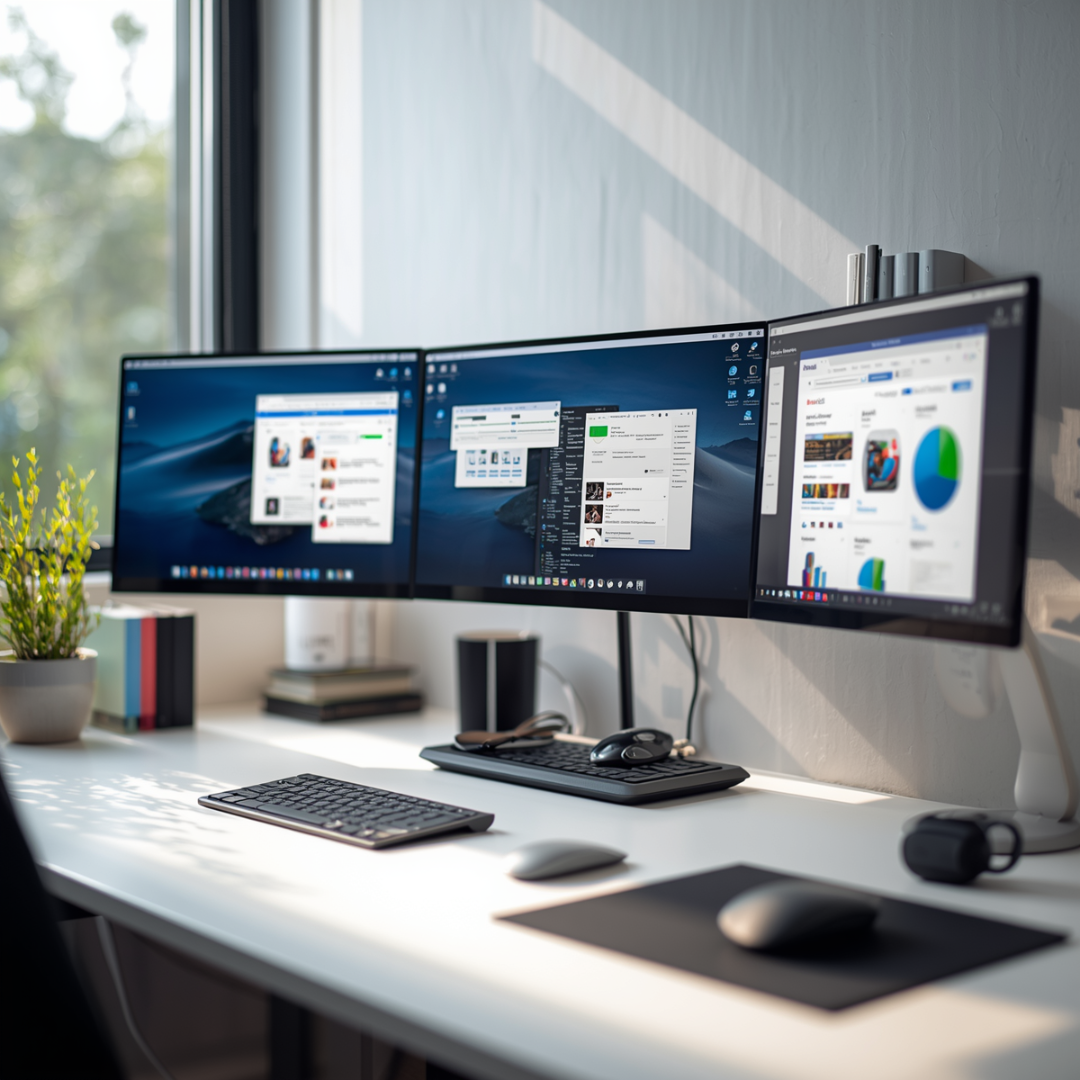 Clean desk with multiple Microsoft-style apps open (calendar, docs, chat), representing Microsoft 365 tools for businesses.
