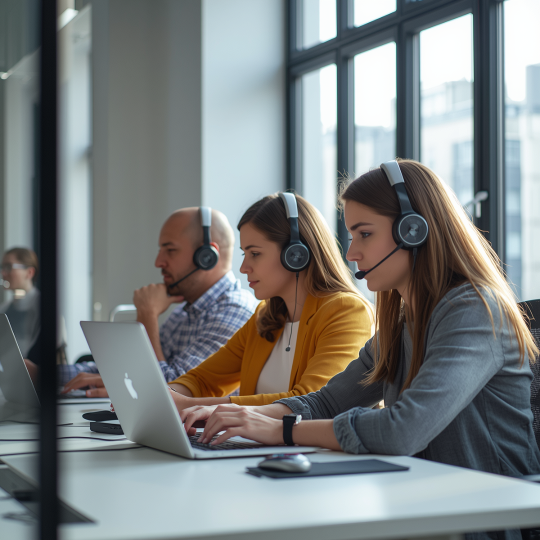 Small business team collaborating with laptops using a VoIP solution.