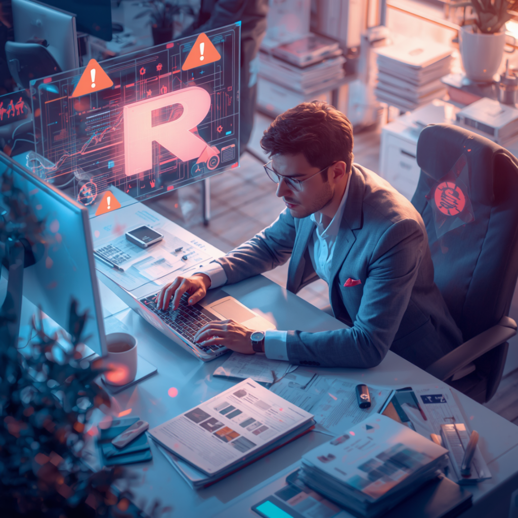 How to Deploy AI in Your SMB Without Creating Chaos 1 Employee uploading files into an AI tool while warning icons appear, representing AI strategic oversight.