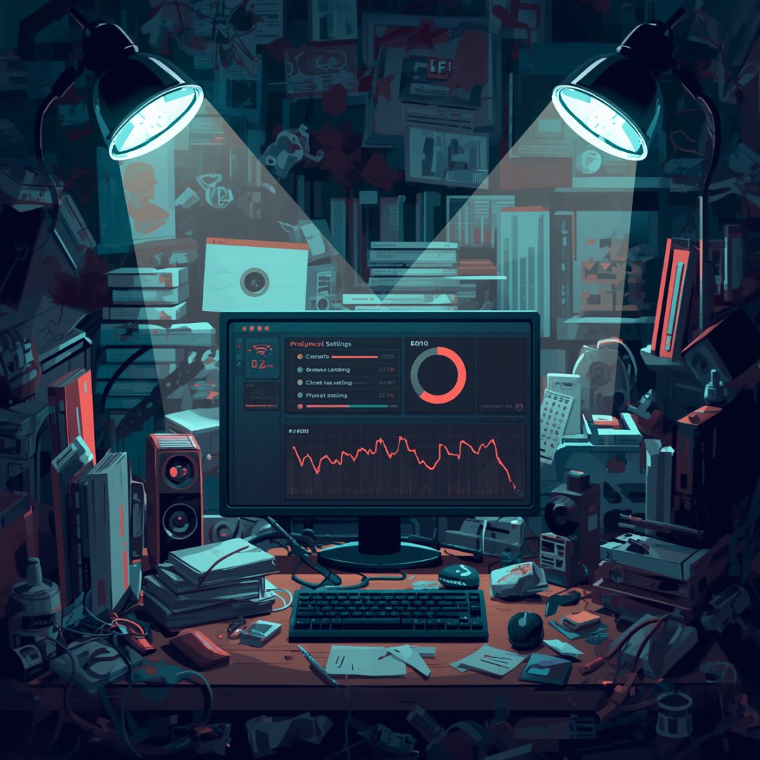 Homepage 22 Computer monitor with two spotlights on it in a low lit room showing dipping productivity on screen due to poor AI configurations.