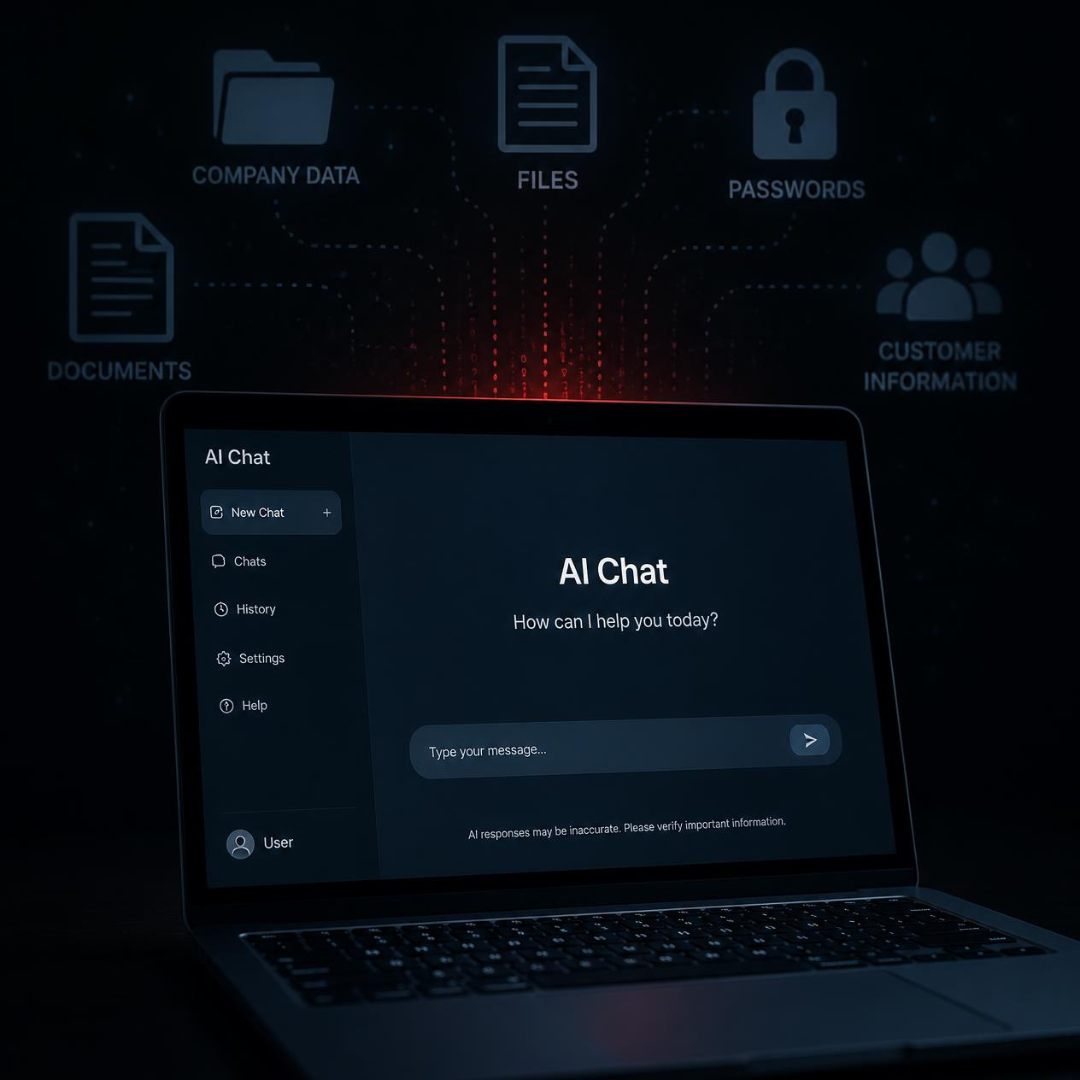 Homepage 20 Close-up of a laptop with a generic AI chat interface on screen. Behind the laptop, partially obscured in darkness, are subtle icons representing company data, files, passwords, documents, and customer information signaling shadow AI.