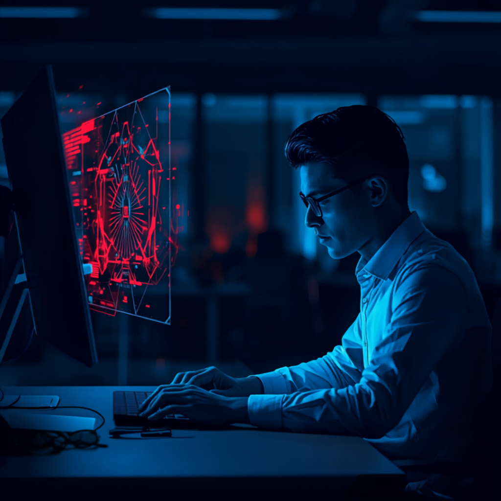 Potential AI Effects on Cyber Insurance Requirements 1 Employee working at their desk using internal AI tools signaling how important cyber insurance policies are for AI use.