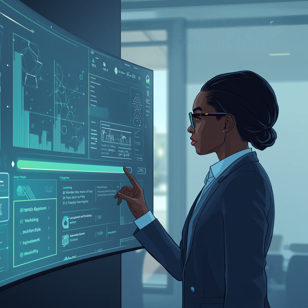AI readiness A business professional reviewing a large digital workflow or technology dashboard on a monitor, with subtle AI-related interface elements.